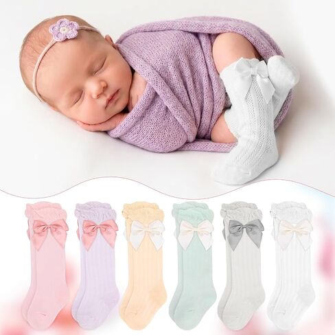 6 Pairs Long Preemie Newborn Socks Premature Baby Knee High Cotton Socks With Bow for Girls Boys Infant Toddler in Kuwait