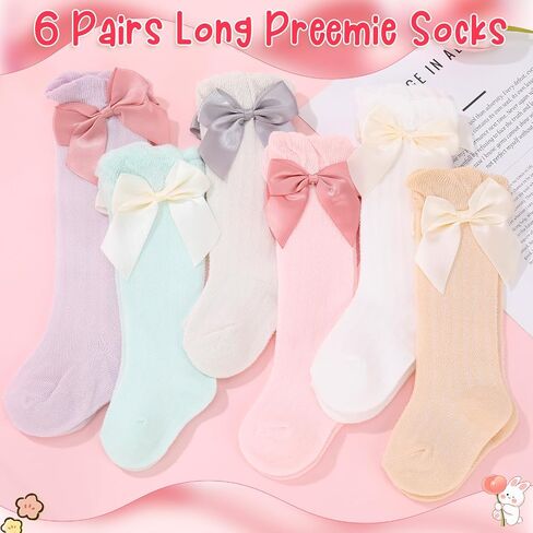 6 Pairs Long Preemie Newborn Socks Premature Baby Knee High Cotton Socks With Bow for Girls Boys Infant Toddler in Kuwait