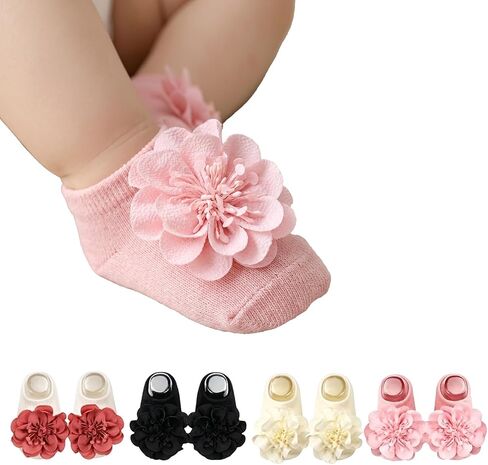 4 Pairs Baby Girl Non-Slip Flower Grip Socks, Soft Cotton Breathable Ankle Socks for Newborn Toddler Princess Cotton Breathable Ankle Socks for Newborn in Kuwait
