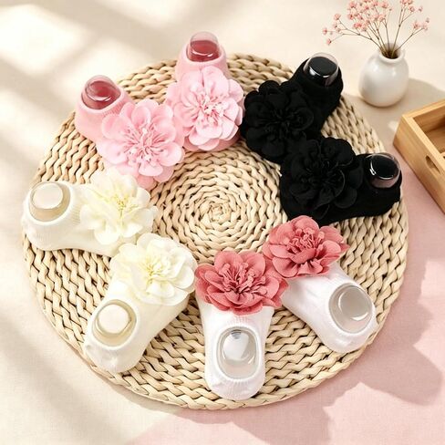 4 Pairs Baby Girl Non-Slip Flower Grip Socks, Soft Cotton Breathable Ankle Socks for Newborn Toddler Princess Cotton Breathable Ankle Socks for Newborn in Kuwait