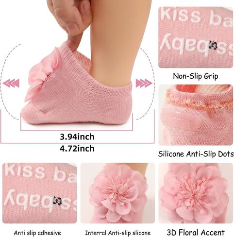 4 Pairs Baby Girl Non-Slip Flower Grip Socks, Soft Cotton Breathable Ankle Socks for Newborn Toddler Princess Cotton Breathable Ankle Socks for Newborn in Kuwait