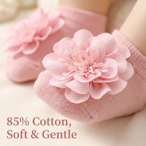 4 Pairs Baby Girl Non-Slip Flower Grip Socks, Soft Cotton Breathable Ankle Socks for Newborn Toddler Princess Cotton Breathable Ankle Socks for Newborn in Kuwait
