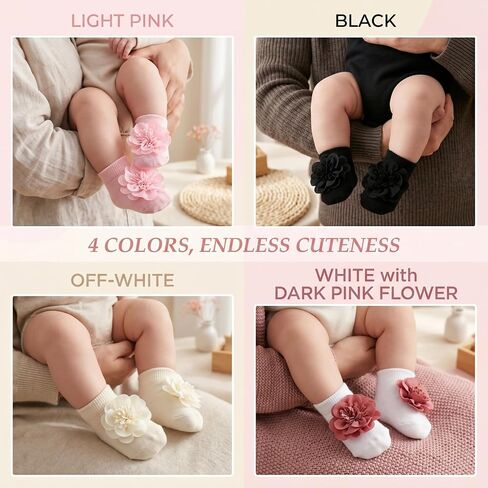4 Pairs Baby Girl Non-Slip Flower Grip Socks, Soft Cotton Breathable Ankle Socks for Newborn Toddler Princess Cotton Breathable Ankle Socks for Newborn in Kuwait