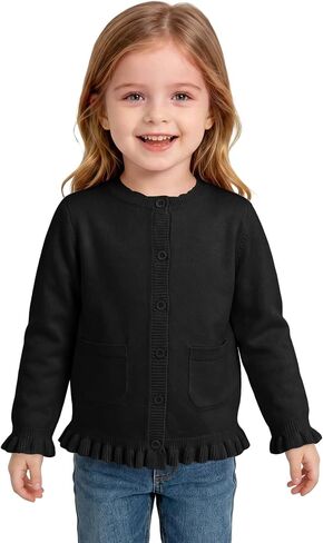 Haloumoning Toddler Baby Girl Button Down Ruffle Trim Cute Cardigan Sweater | Little Kids Long Sleeve Knit Sweaters with Pockets, For 9M-8Y in Kuwait