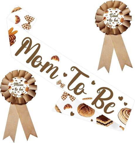 A Bun in the Oven Baby Shower Sash & Corsage Set, Satin Mom to Be & Dad to Be Pins, Baking Theme Gender Neutral Baby Shower Decorations Party Supplies in Kuwait