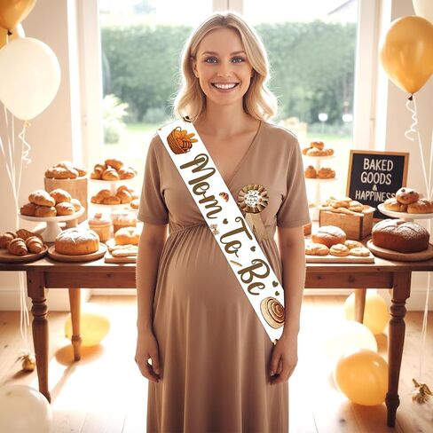A Bun in the Oven Baby Shower Sash & Corsage Set, Satin Mom to Be & Dad to Be Pins, Baking Theme Gender Neutral Baby Shower Decorations Party Supplies in Kuwait