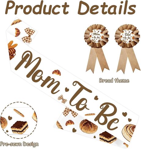 A Bun in the Oven Baby Shower Sash & Corsage Set, Satin Mom to Be & Dad to Be Pins, Baking Theme Gender Neutral Baby Shower Decorations Party Supplies in Kuwait