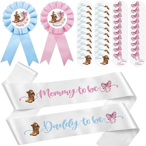 Boots or Bows Decorations - 44 Pcs Gender Reveal Mom and Dad to Be Sash Pins Team Boy or Girl Scrapbook Stickers, Blue Pink Baby Shower Party Decor Supplies Gift for Pregnancy Mommy Daddy in Kuwait