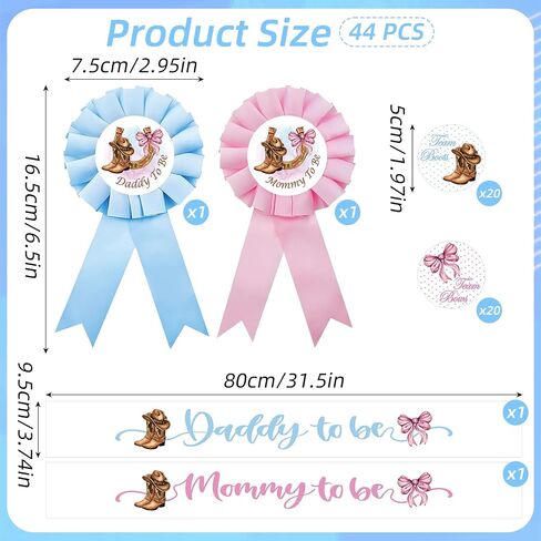 Boots or Bows Decorations - 44 Pcs Gender Reveal Mom and Dad to Be Sash Pins Team Boy or Girl Scrapbook Stickers, Blue Pink Baby Shower Party Decor Supplies Gift for Pregnancy Mommy Daddy in Kuwait