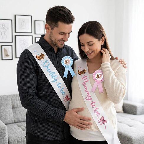 Boots or Bows Decorations - 44 Pcs Gender Reveal Mom and Dad to Be Sash Pins Team Boy or Girl Scrapbook Stickers, Blue Pink Baby Shower Party Decor Supplies Gift for Pregnancy Mommy Daddy in Kuwait