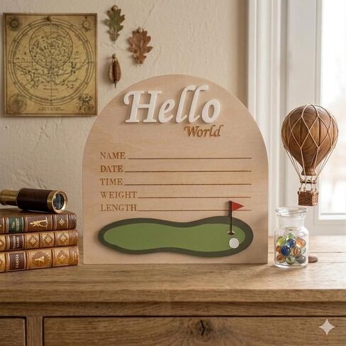 Golf Arch Wooden Birth Announcement Sign for Newborn - Hello World Golfing Plaque for Baby Boy Girl - Hospital Name Date Weight Stat Board - Sports Nursery Decor Photo Prop Keepsake Gift in Kuwait