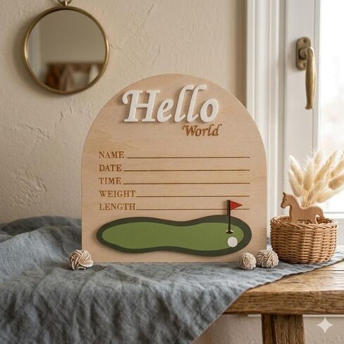 Golf Arch Wooden Birth Announcement Sign for Newborn - Hello World Golfing Plaque for Baby Boy Girl - Hospital Name Date Weight Stat Board - Sports Nursery Decor Photo Prop Keepsake Gift in Kuwait