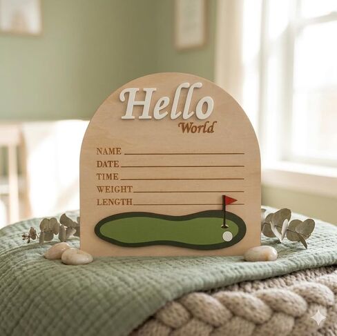 Golf Arch Wooden Birth Announcement Sign for Newborn - Hello World Golfing Plaque for Baby Boy Girl - Hospital Name Date Weight Stat Board - Sports Nursery Decor Photo Prop Keepsake Gift in Kuwait