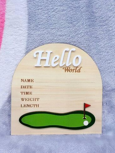 Golf Arch Wooden Birth Announcement Sign for Newborn - Hello World Golfing Plaque for Baby Boy Girl - Hospital Name Date Weight Stat Board - Sports Nursery Decor Photo Prop Keepsake Gift in Kuwait