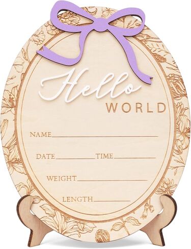 Baby Announcement Sign, Hello World Newborn Plaque, Wooden Birth Reveal Prop, Hospital Photography Decor, Nursery Room Decor (Purple D24) in Kuwait