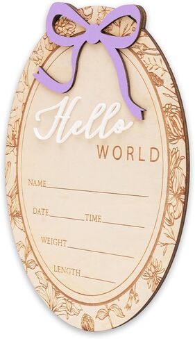 Baby Announcement Sign, Hello World Newborn Plaque, Wooden Birth Reveal Prop, Hospital Photography Decor, Nursery Room Decor (Purple D24) in Kuwait