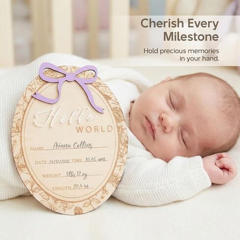 Baby Announcement Sign, Hello World Newborn Plaque, Wooden Birth Reveal Prop, Hospital Photography Decor, Nursery Room Decor (Purple D24) in Kuwait