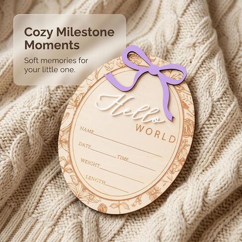 Baby Announcement Sign, Hello World Newborn Plaque, Wooden Birth Reveal Prop, Hospital Photography Decor, Nursery Room Decor (Purple D24) in Kuwait