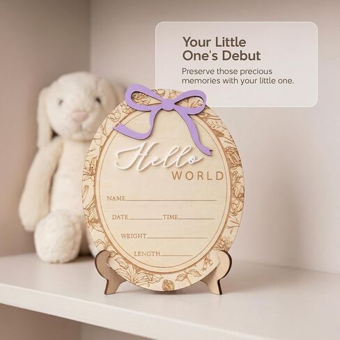 Baby Announcement Sign, Hello World Newborn Plaque, Wooden Birth Reveal Prop, Hospital Photography Decor, Nursery Room Decor (Purple D24) in Kuwait