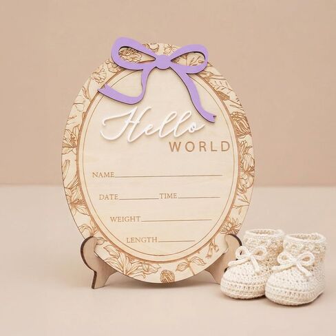 Baby Announcement Sign, Hello World Newborn Plaque, Wooden Birth Reveal Prop, Hospital Photography Decor, Nursery Room Decor (Purple D24) in Kuwait