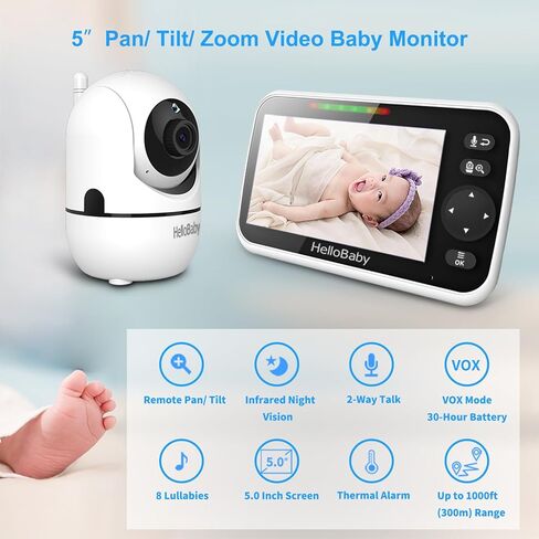 HelloBaby Baby Monitor No WiFi with Mount, 5'' IPS Screen and 30-Hour Battery Life with VOX Mode, Baby Phone with Camera and Audio, Portable Travel Hello Baby Monitor with Flexible Mount in Kuwait