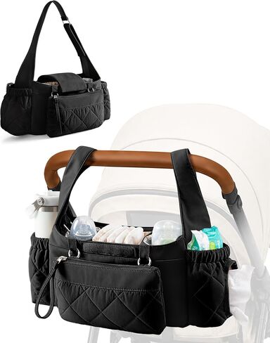 Marscamd Stroller Organizer with Dual Insulated Cup Holders, Camel | 3 Carrying Options, with Detachable Wrist Pouch, Wipes Dispenser & Large Bottle Holder, Quilted Design in Kuwait