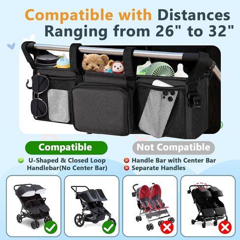 Double Stroller Organizer for Bob Duallie and Baby Jogger City Mini GT2, Double Baby Stroller Accessories with 2 Cooler Pockets, Parent Console Double Jogging Stroller Caddy with Zipper Bag(Bag Only) in Kuwait