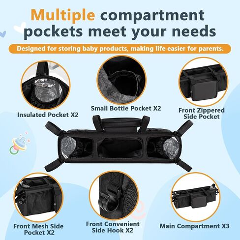 Double Stroller Organizer for Bob Duallie and Baby Jogger City Mini GT2, Double Baby Stroller Accessories with 2 Cooler Pockets, Parent Console Double Jogging Stroller Caddy with Zipper Bag(Bag Only) in Kuwait