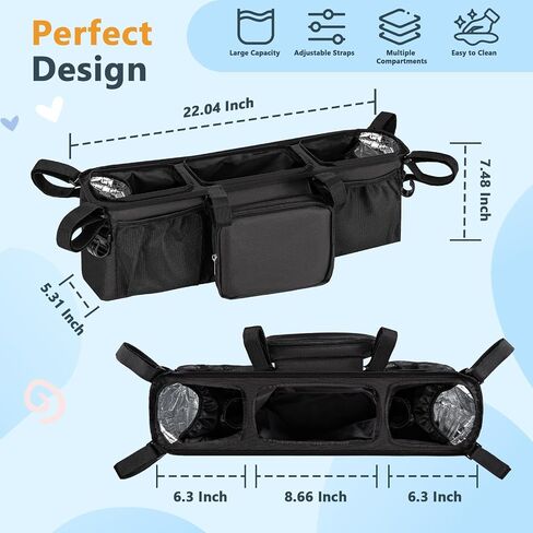 Double Stroller Organizer for Bob Duallie and Baby Jogger City Mini GT2, Double Baby Stroller Accessories with 2 Cooler Pockets, Parent Console Double Jogging Stroller Caddy with Zipper Bag(Bag Only) in Kuwait