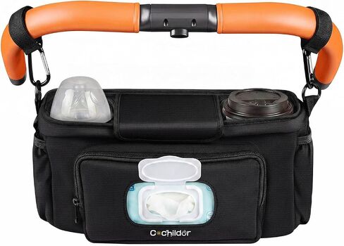 Cochildor Universal Stroller Organizer Caddy with 2-in-1 Wipe Pocket | Wide Cup Holders, Elastic Side Pockets, Shoulder Strap & Secures to Full-size Strollers, Black in Kuwait