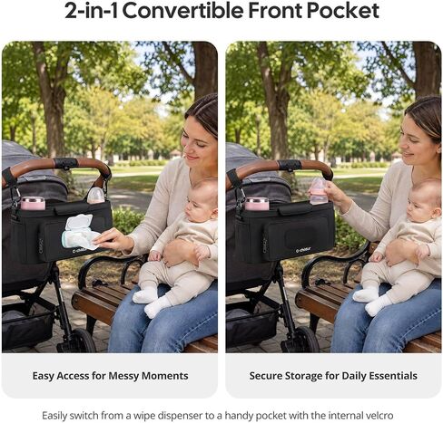 Cochildor Universal Stroller Organizer Caddy with 2-in-1 Wipe Pocket | Wide Cup Holders, Elastic Side Pockets, Shoulder Strap & Secures to Full-size Strollers, Black in Kuwait