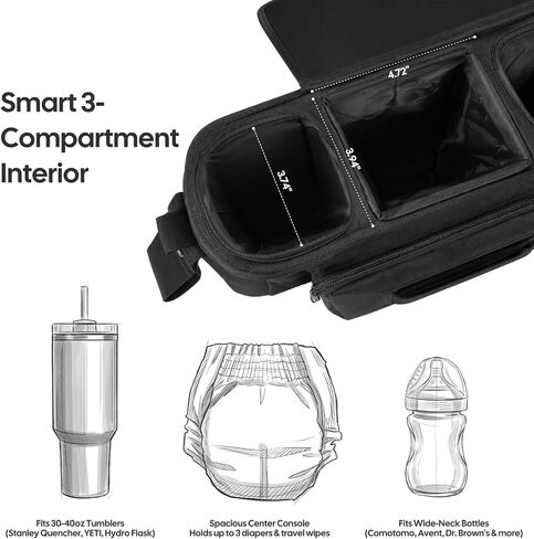 Cochildor Universal Stroller Organizer Caddy with 2-in-1 Wipe Pocket | Wide Cup Holders, Elastic Side Pockets, Shoulder Strap & Secures to Full-size Strollers, Black in Kuwait