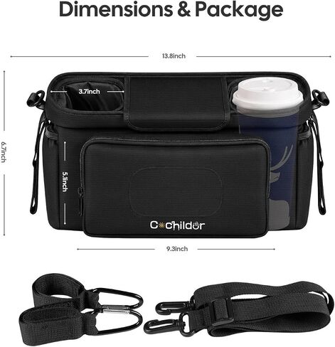 Cochildor Universal Stroller Organizer Caddy with 2-in-1 Wipe Pocket | Wide Cup Holders, Elastic Side Pockets, Shoulder Strap & Secures to Full-size Strollers, Black in Kuwait