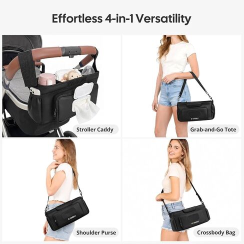 Cochildor Universal Stroller Organizer Caddy with 2-in-1 Wipe Pocket | Wide Cup Holders, Elastic Side Pockets, Shoulder Strap & Secures to Full-size Strollers, Black in Kuwait