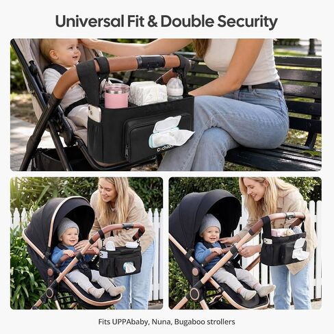 Cochildor Universal Stroller Organizer Caddy with 2-in-1 Wipe Pocket | Wide Cup Holders, Elastic Side Pockets, Shoulder Strap & Secures to Full-size Strollers, Black in Kuwait