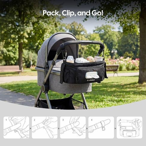 Cochildor Universal Stroller Organizer Caddy with 2-in-1 Wipe Pocket | Wide Cup Holders, Elastic Side Pockets, Shoulder Strap & Secures to Full-size Strollers, Black in Kuwait