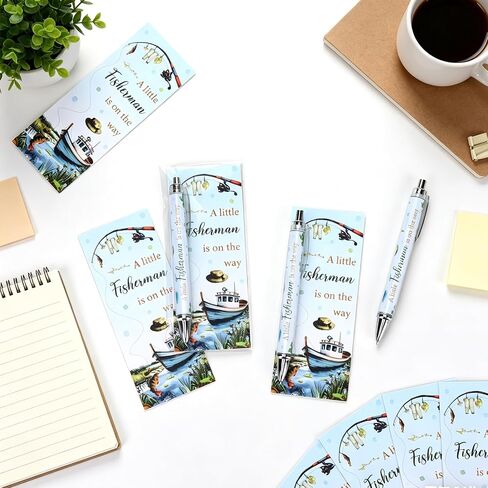 50 Sets Fishing Baby Shower Gifts for Guests Ballpoint Pens Thank You Card | A Little Fisherman Is On The Way Baby Shower Favors Retractable Pens Gender Reveal Souvenirs Supplies Return Gifts in Kuwait