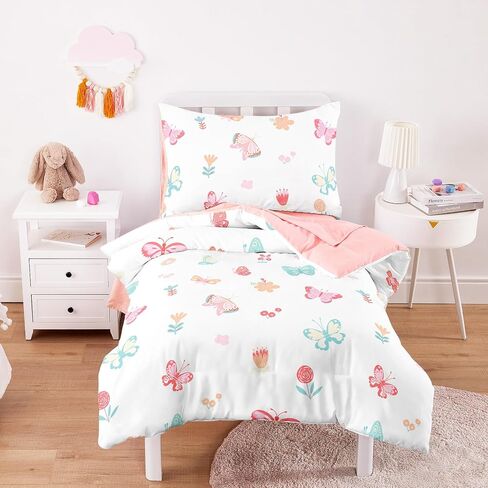 Wake In Cloud - Butterfly Toddler Bedding Set for Girls, Cute Colorful Butterfly with Floral Flowers, 4 Pieces Soft Crib Bed Set Including Comforter, Sheets and Pillowcase, Pink in Kuwait