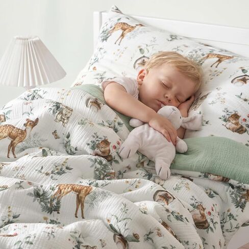 PHF Cotton Muslin Toddler Bedding Set, Soft 3 Piece Toddler Comforter Kids Bed Set, Green Bedding Set for Boys in Kuwait