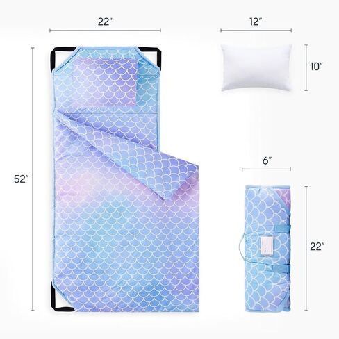 Wake In Cloud - Cot Nap Mat with Pillow and Blanket, for Toddler Kids Girls in Daycare Kindergarten Preschool Pre K with Elastic Corner Straps, Cute Mermaids Theme, Purple Blue in Kuwait