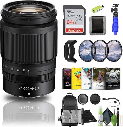 Nikon NIKKOR Z 24-200mm f/4-6.3 VR Telephoto Zoom Lens for Nikon Z Cameras (20092) + 64GB Memory Card + Filter Kit + Backpack + Card Reader + Corel Photo Software + Flex Tripod + More in Kuwait