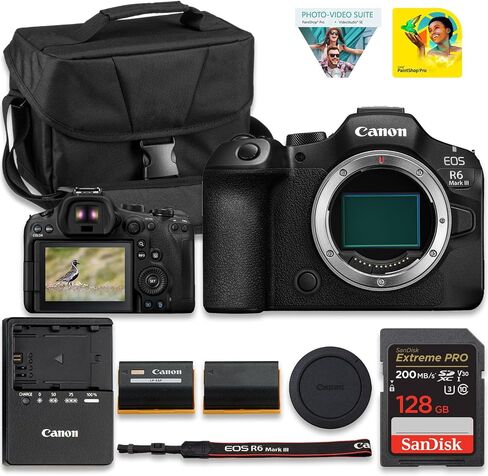Canon EOS R6 Mark III Mirrorless Camera (Body Only) Full-Frame RF System Body with Advanced AF, High-Speed Performance & 4K Video for Weddings, Sports & Creators (7084C002) + 128GB Card + Camera Case in Kuwait