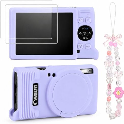 Case for Canon PowerShot ELPH 360 with 2-Pack Screen Protector | Removable Lens Cap Silicone Protective Cover with Cute Charm Wrist Strap for Canon ELPH 360 HS/IXY 650 - Lilac in Kuwait