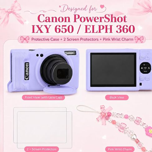 Case for Canon PowerShot ELPH 360 with 2-Pack Screen Protector | Removable Lens Cap Silicone Protective Cover with Cute Charm Wrist Strap for Canon ELPH 360 HS/IXY 650 - Lilac in Kuwait