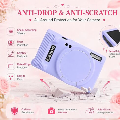 Case for Canon PowerShot ELPH 360 with 2-Pack Screen Protector | Removable Lens Cap Silicone Protective Cover with Cute Charm Wrist Strap for Canon ELPH 360 HS/IXY 650 - Lilac in Kuwait