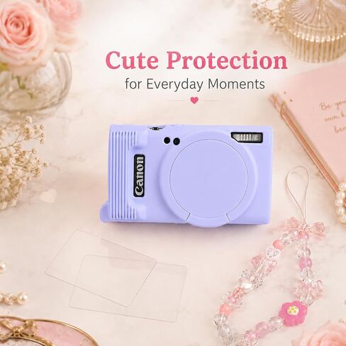 Case for Canon PowerShot ELPH 360 with 2-Pack Screen Protector | Removable Lens Cap Silicone Protective Cover with Cute Charm Wrist Strap for Canon ELPH 360 HS/IXY 650 - Lilac in Kuwait