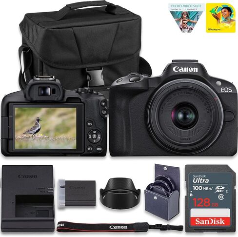 Canon EOS R50 Mirrorless Camera Kit – APS-C RF Camera with 18-45mm Lens, 4K Video, Dual Pixel AF II & Vari-Angle Touchscreen (5811C012) + Shoulder Bag + 128GB Memory Card in Kuwait