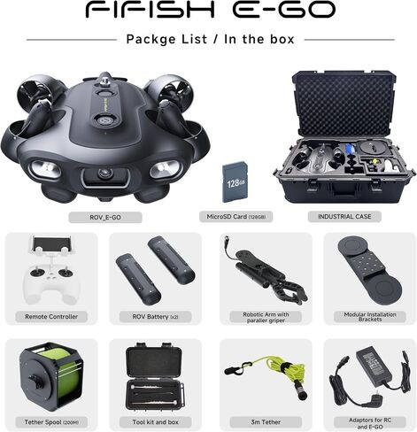 QYSEA FIFISH E-GO E200A Underwater Drone with Robotic Arm, 24/7 Continuous Operation with Energy Station, 10,000 Lumens Light, 1/1.8" CMOS 4K Camera, Extended Battery Pack, 128G Storage in Kuwait