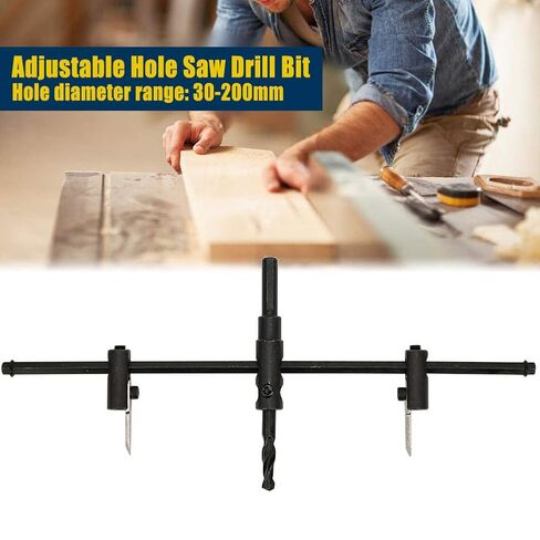 YWBL-WH Adjustable Hole Saw, Durable Circle Cutter Hole Bit with 30 to 200mm Cutting Range for Woodworking DIY Alloy Steel Black 1 Set in Kuwait
