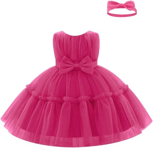 OBEEII Toddler Flower Girl Dress Wedding Party Pageant Gown Baptism Dress with Headband Infant Birthday Tulle Tutu Dresses in Kuwait